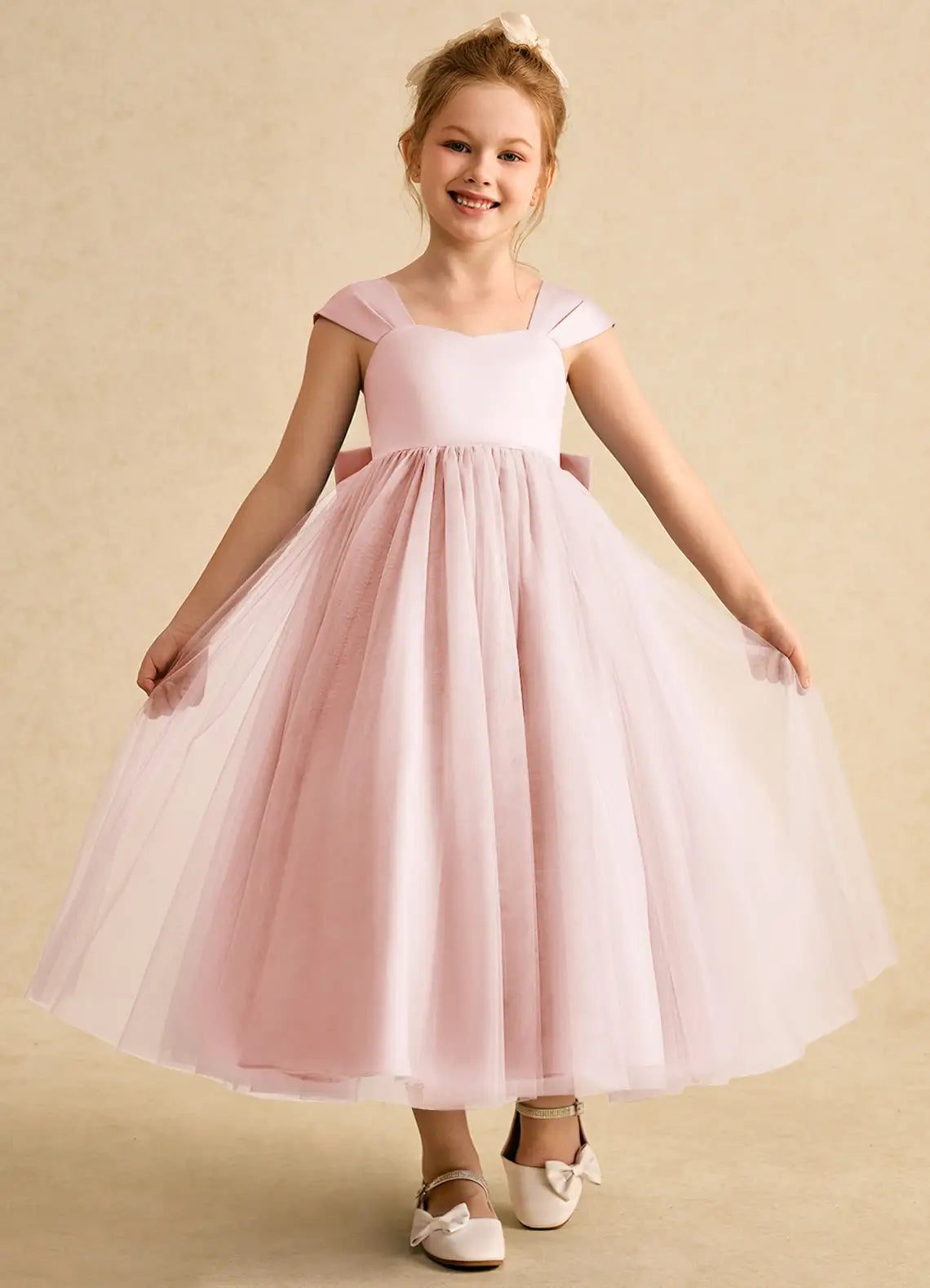 Bow A-Line Sweetheart Neck Cap Sleeves V-Back Tea-Length Formal Flower Girl Dress