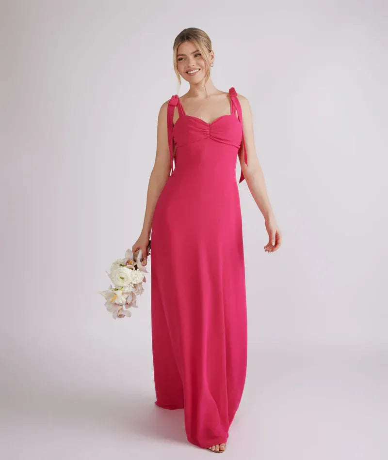 Bow Strap Sweetheart A Line Chiffon Long Bridesmaid Dress