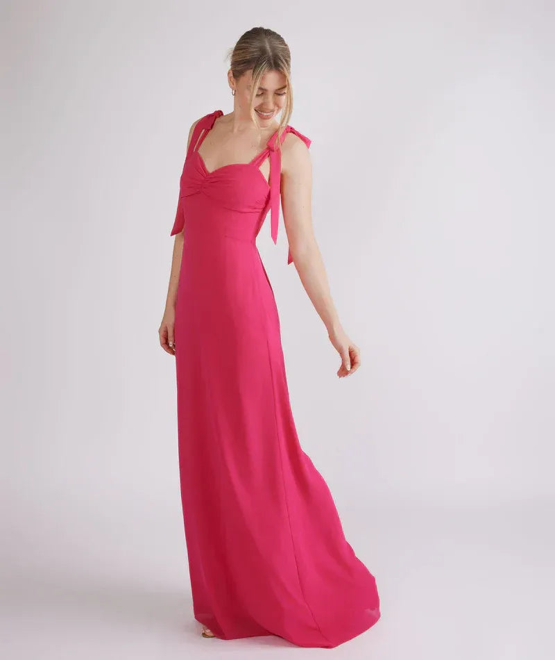 Bow Strap Sweetheart A Line Chiffon Long Bridesmaid Dress
