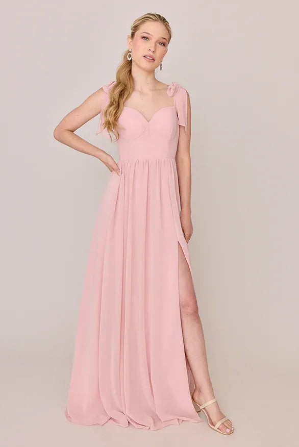 Bow Strap Sweetheart High Slit Empire A Line Chiffon Bridesmaid Dress