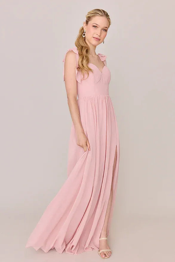 Bow Strap Sweetheart High Slit Empire A Line Chiffon Bridesmaid Dress