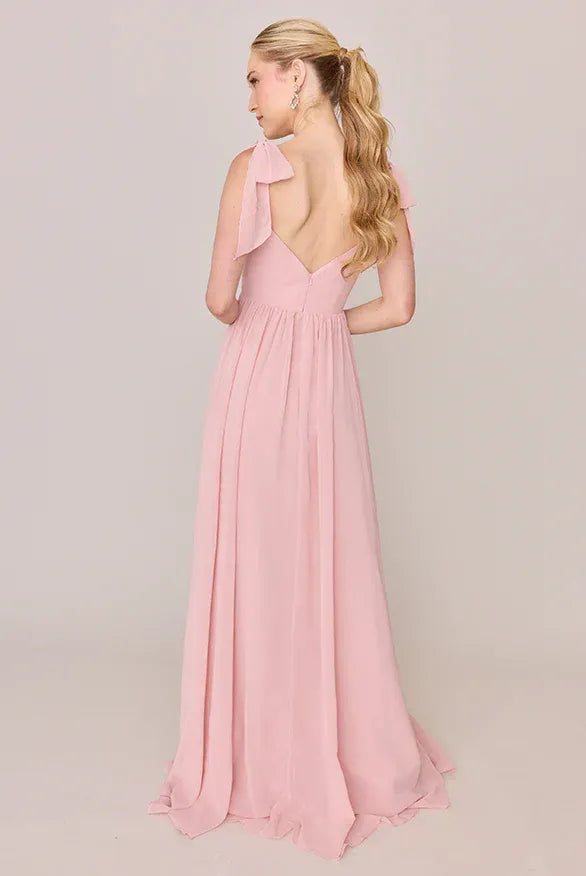 Bow Strap Sweetheart High Slit Empire A Line Chiffon Bridesmaid Dress
