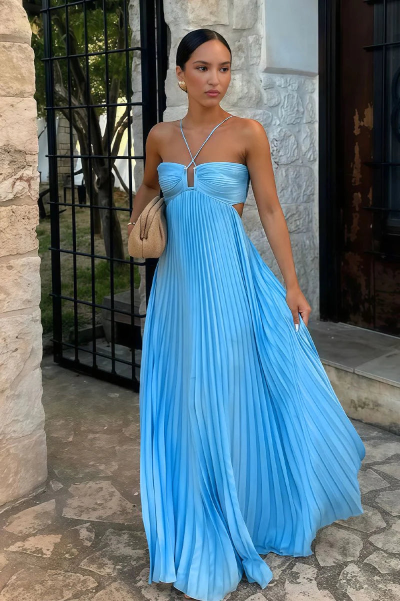 Breezy Floor-Length Halter-Neck Pleated Cutout Wedding Guest Dress