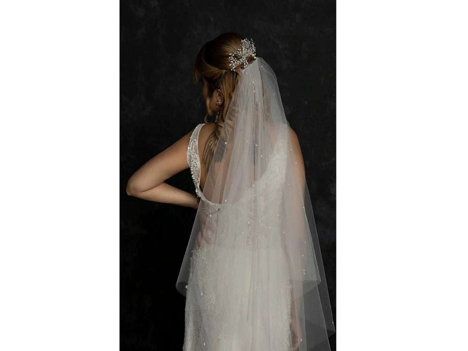 Bridal veil 2 tier pearls 120'' length veil with pearls ivory