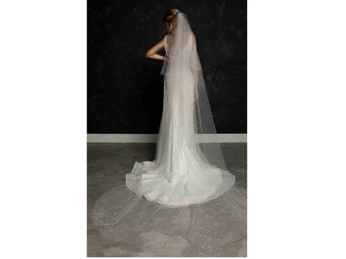 Bridal veil 2 tier pearls 120'' length veil with pearls ivory