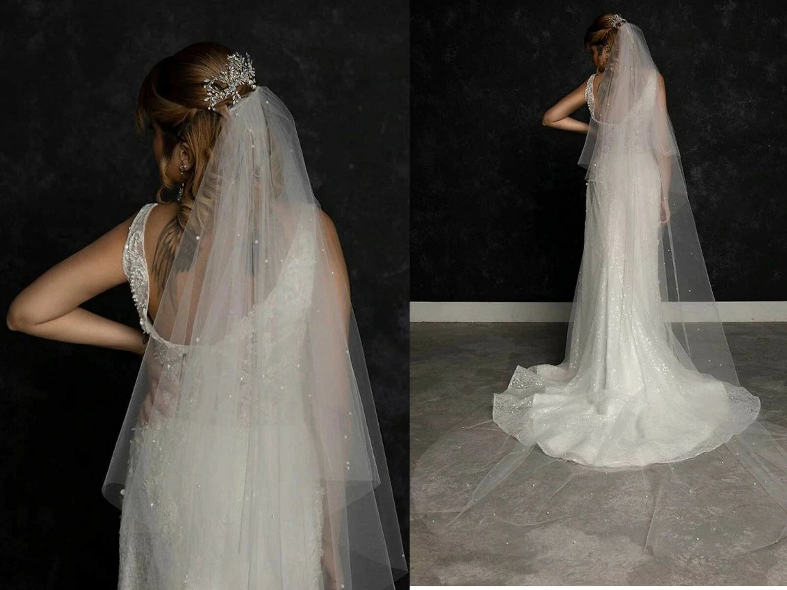 Bridal veil 2 tier pearls 120'' length veil with pearls ivory