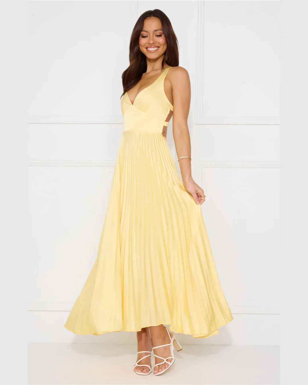 Bright Midi V-Neck Spaghetti-Strap Pleated Back-Cutout Wedding Guest Dress