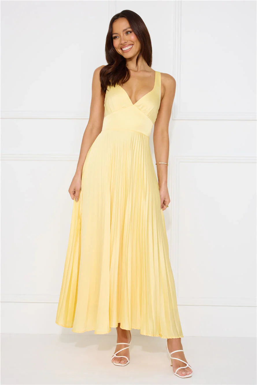 Bright Midi V-Neck Spaghetti-Strap Pleated Back-Cutout Wedding Guest Dress