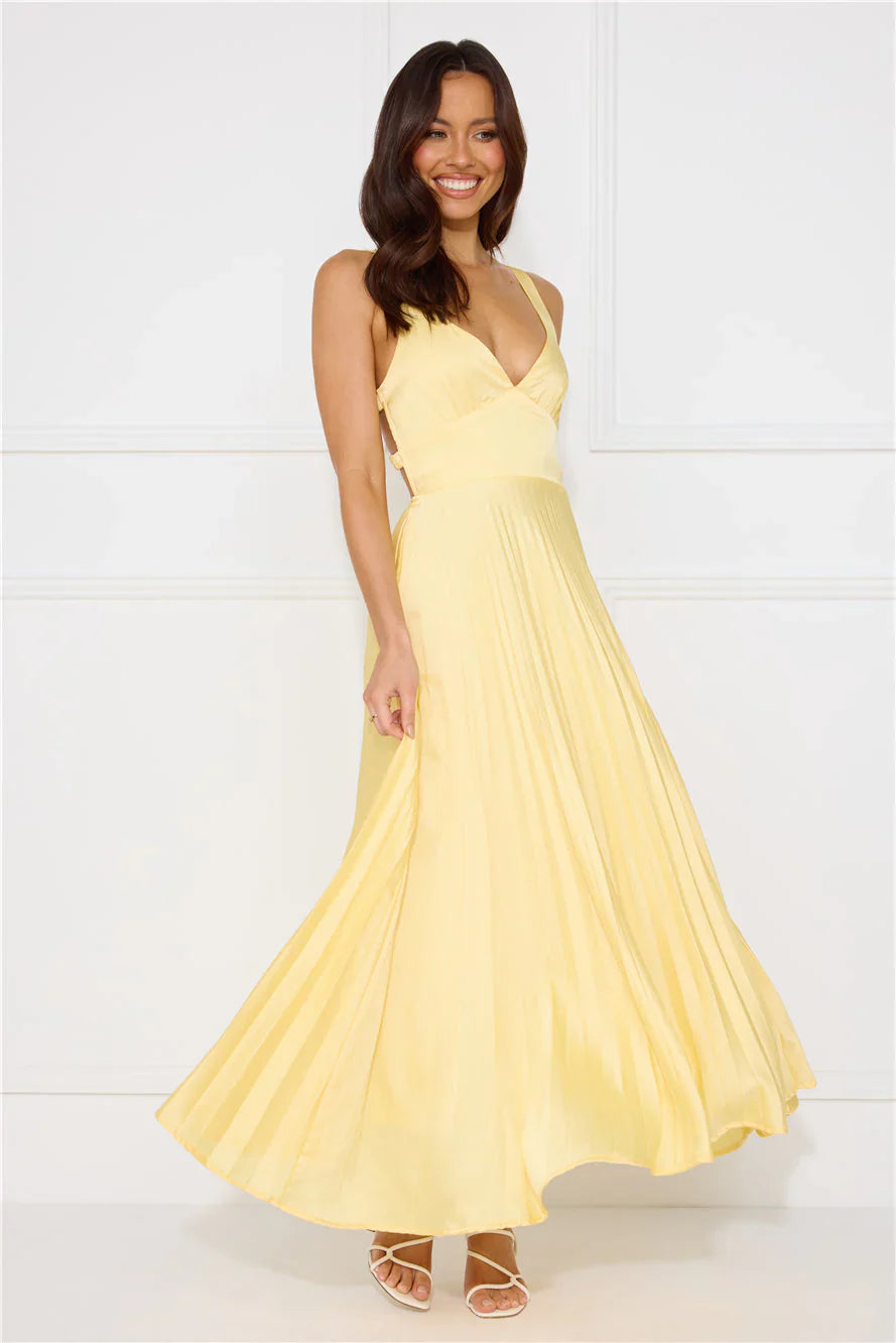 Bright Midi V-Neck Spaghetti-Strap Pleated Back-Cutout Wedding Guest Dress