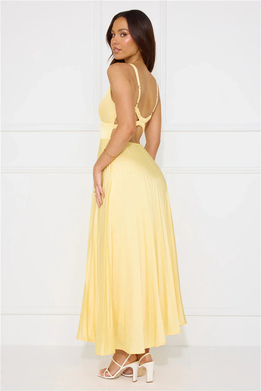 Bright Midi V-Neck Spaghetti-Strap Pleated Back-Cutout Wedding Guest Dress