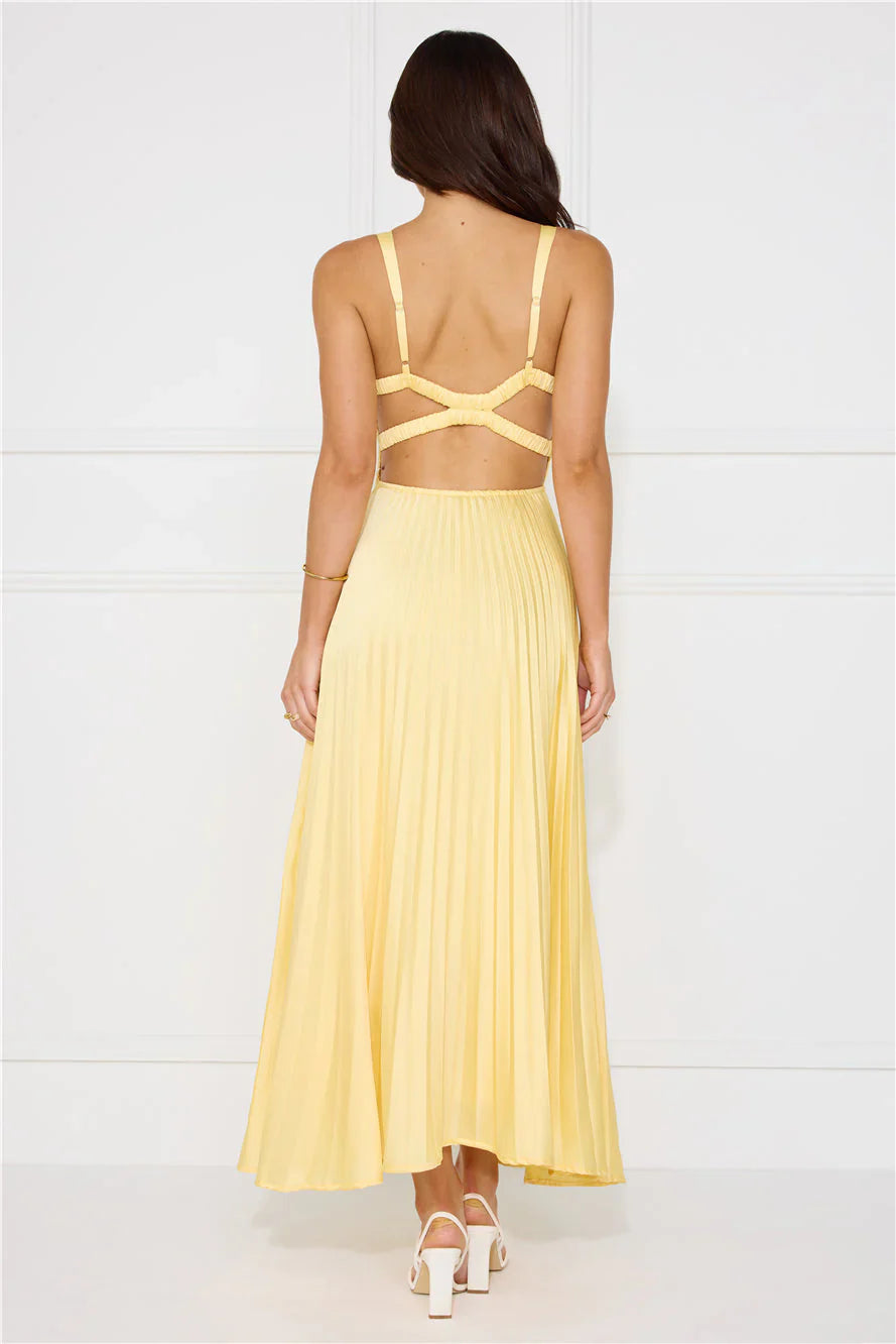 Bright Midi V-Neck Spaghetti-Strap Pleated Back-Cutout Wedding Guest Dress