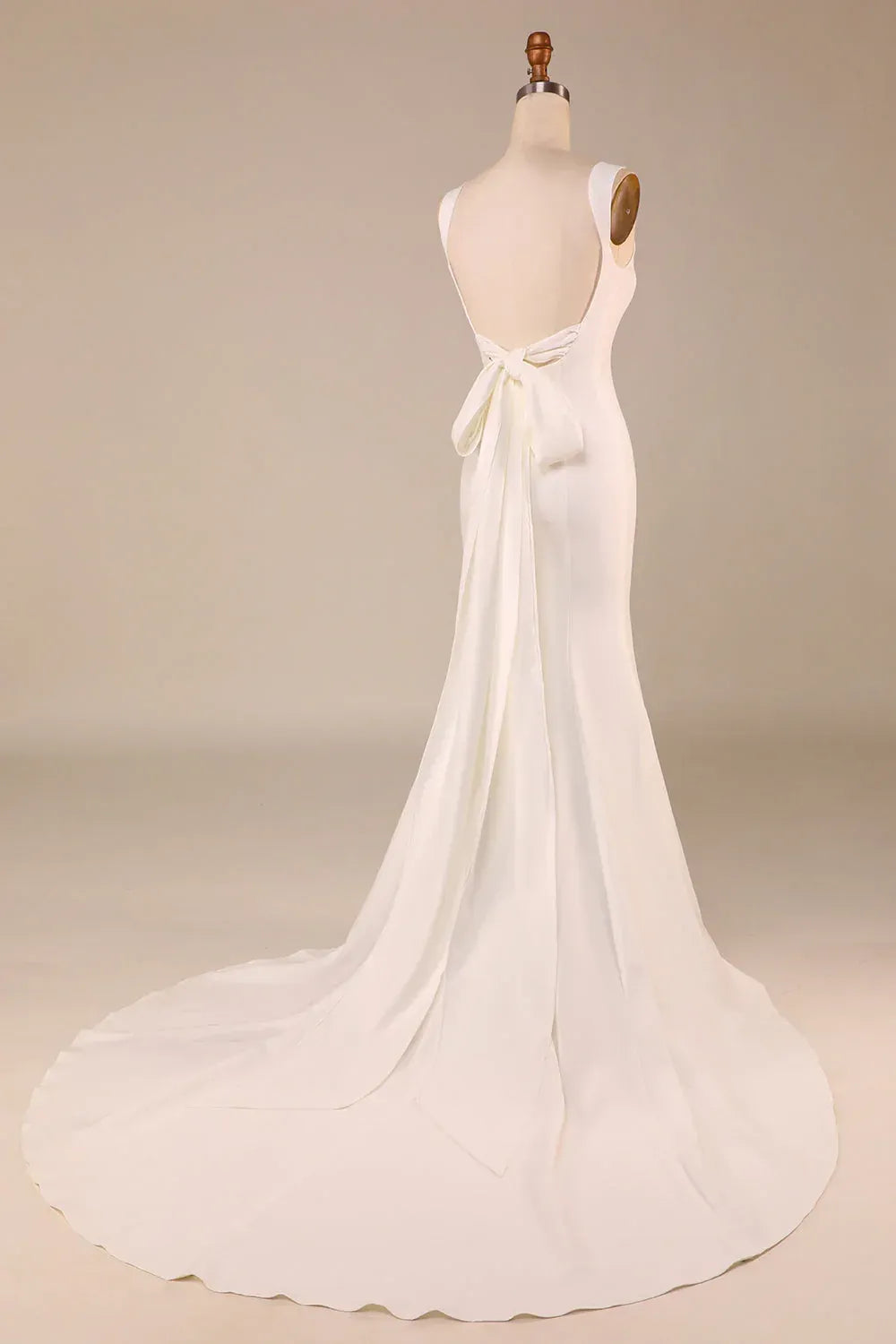 Broad Square Strap Smooth Crepe Mermaid Wedding Dress With Deep Scoop Back Floating Bow Cathedral Train