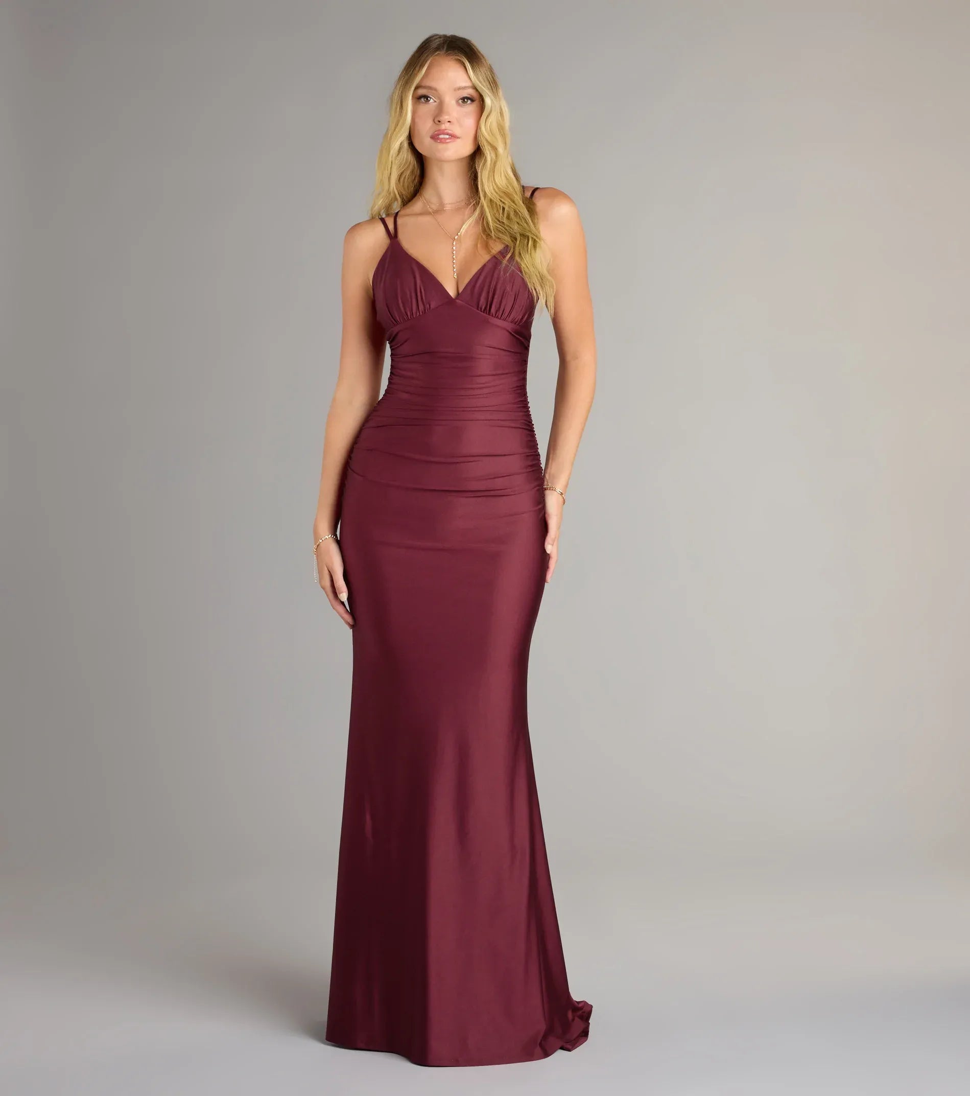 Burgundy Double Thin Spaghetti Strap V Neck Lace Up Back Ruched Mermaid Maxi Wedding Guest Dress