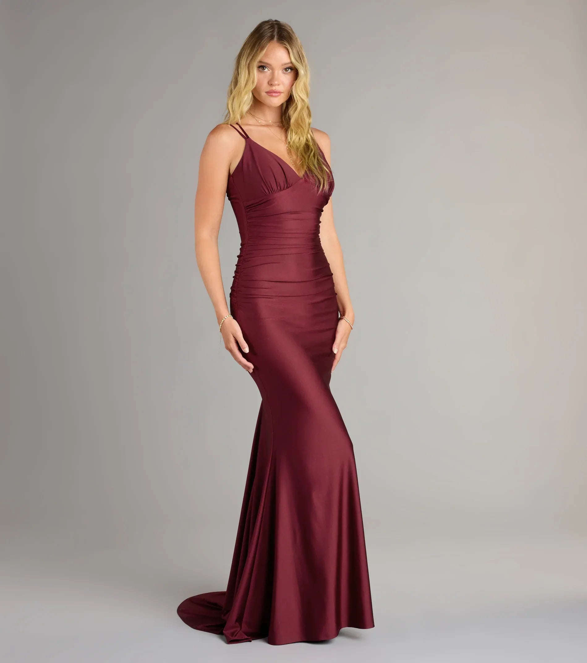 Burgundy Double Thin Spaghetti Strap V Neck Lace Up Back Ruched Mermaid Maxi Wedding Guest Dress