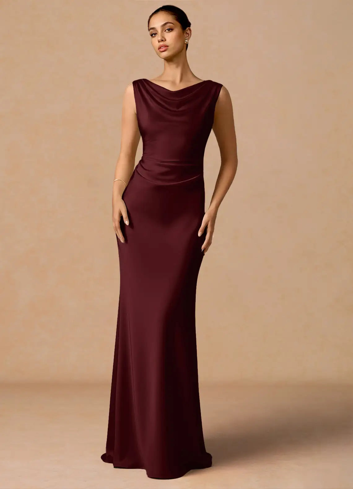Burgundy Floor-Length Sleeveless Cowl-Neck Cross-Back Satin Mermaid Bridesmaid Dress
