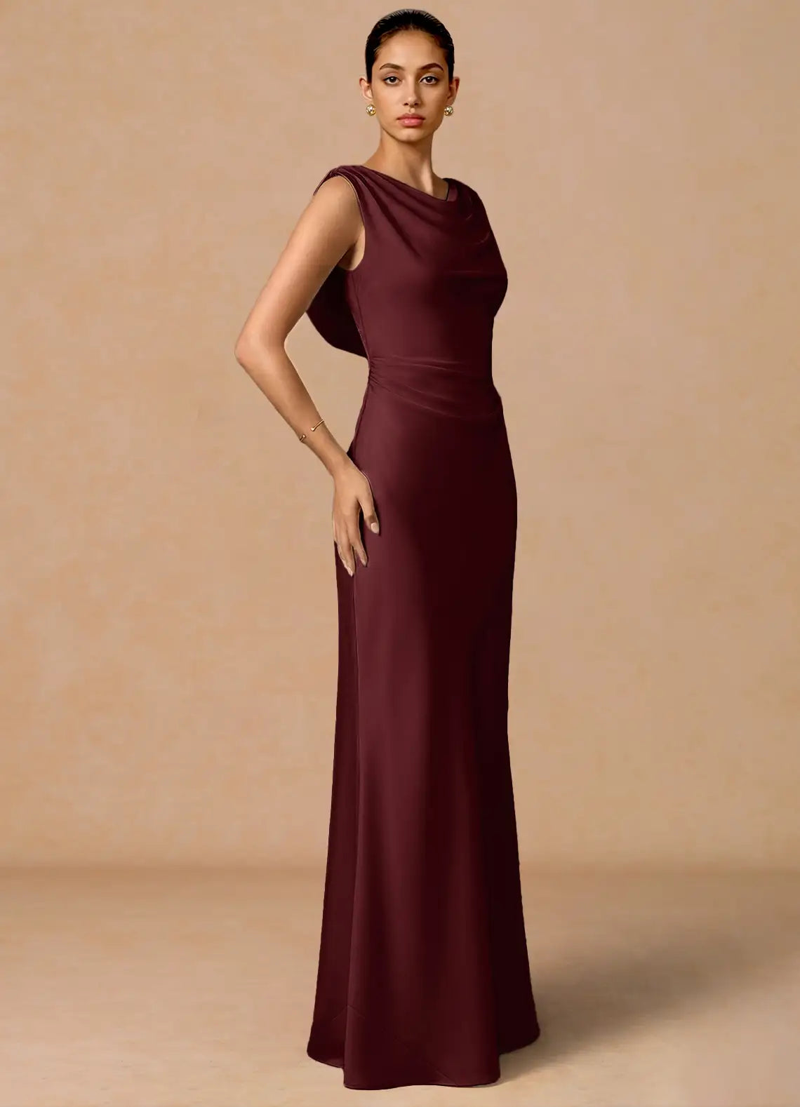 Burgundy Floor-Length Sleeveless Cowl-Neck Cross-Back Satin Mermaid Bridesmaid Dress