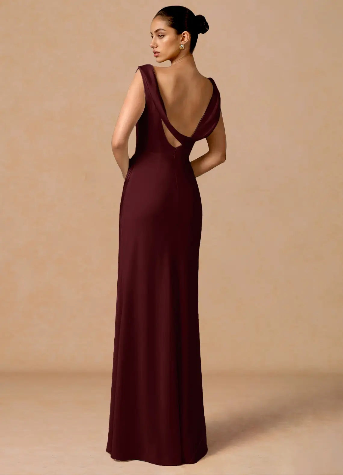 Burgundy Floor-Length Sleeveless Cowl-Neck Cross-Back Satin Mermaid Bridesmaid Dress