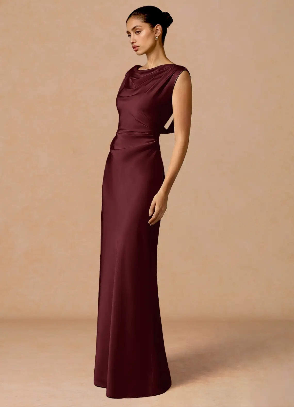 Burgundy Floor-Length Sleeveless Cowl-Neck Cross-Back Satin Mermaid Bridesmaid Dress