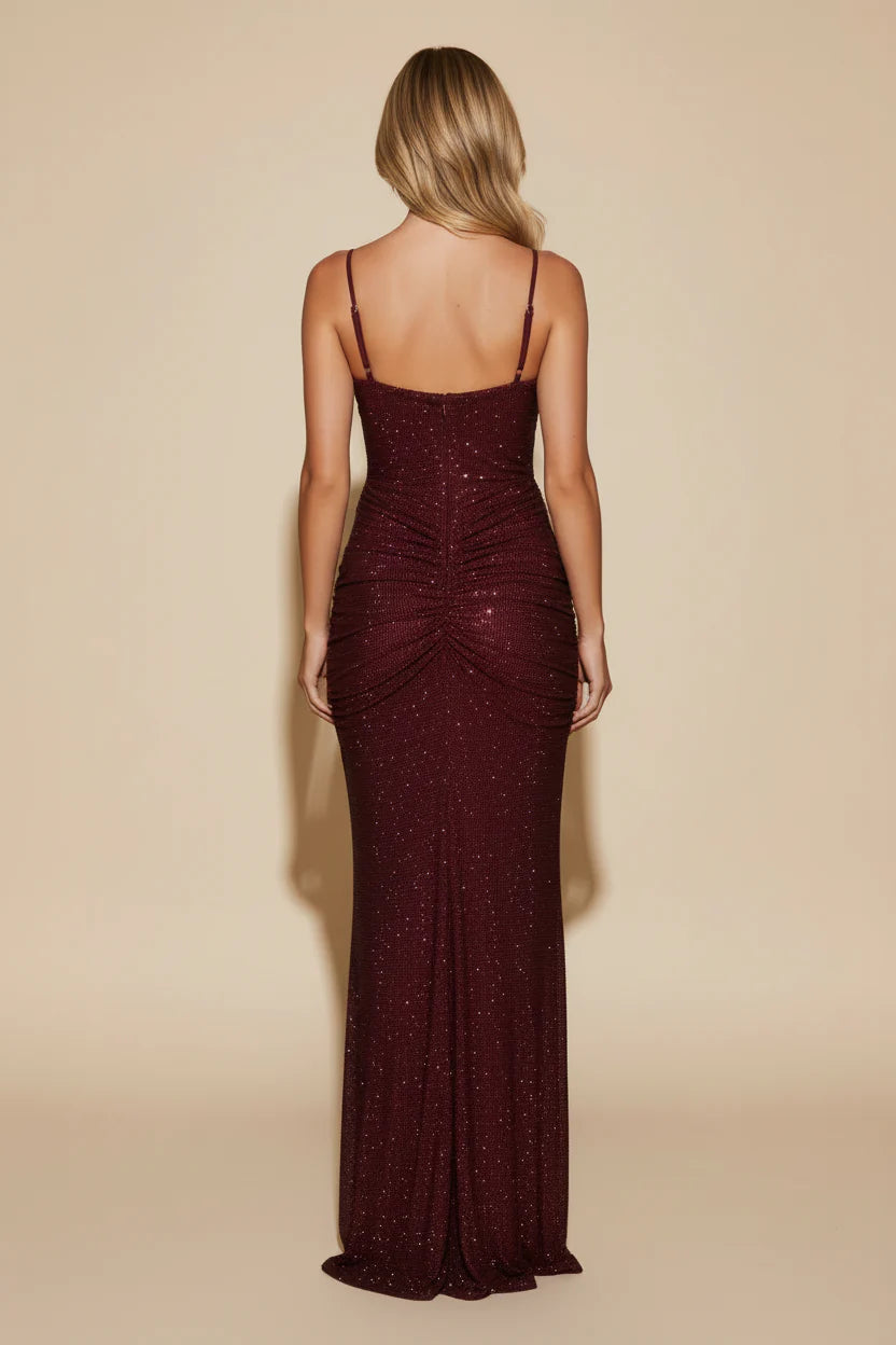 Burgundy Floor-Length Spaghetti-Strap Knot-Waist Mermaid Wedding Guest Dress