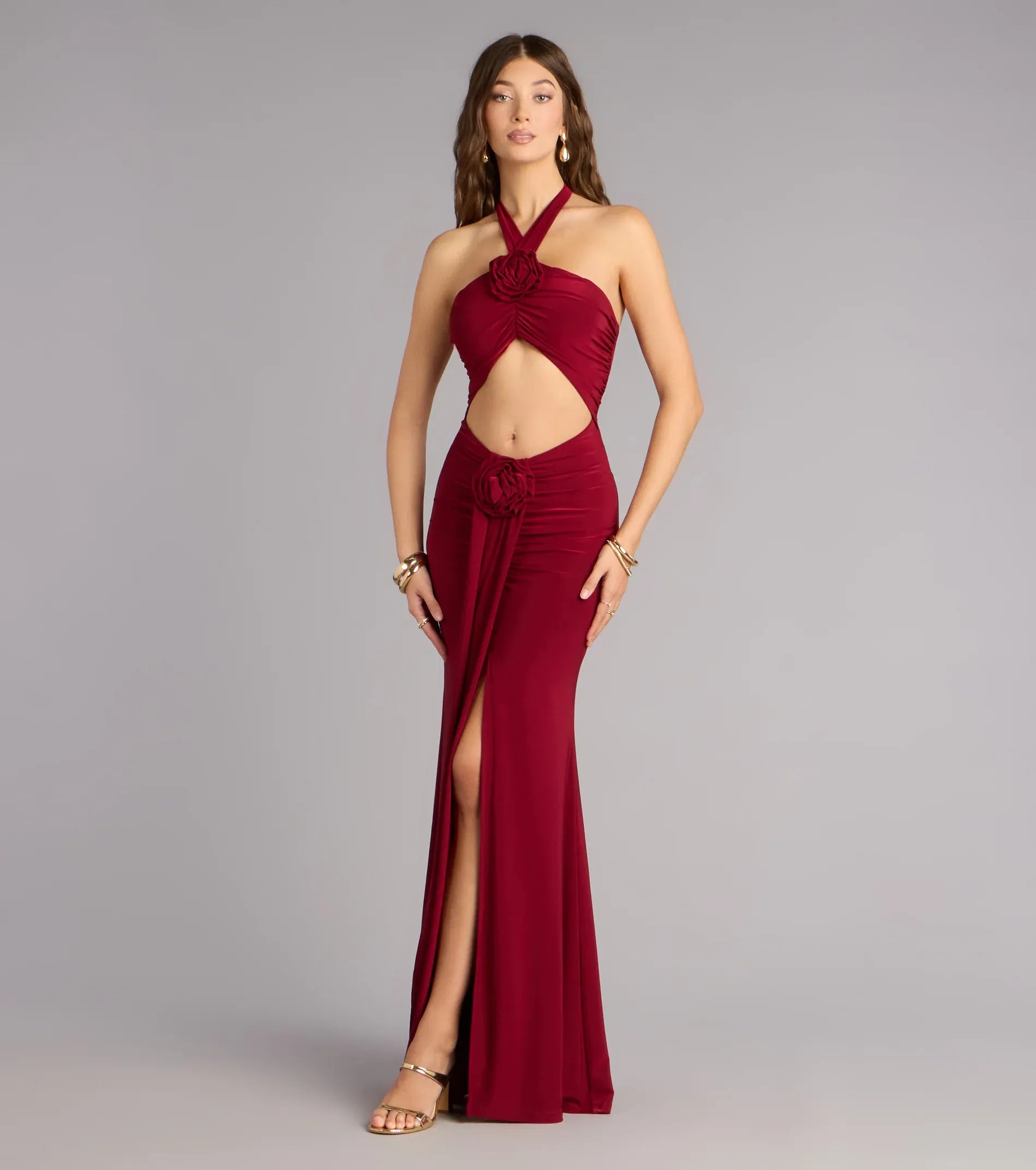 Burgundy Halter Cutout Floral Applique Slit Mermaid Maxi Wedding Guest Dress