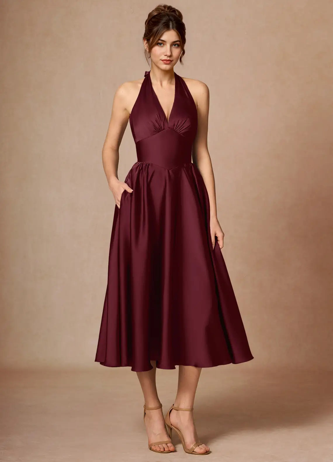 Burgundy Halter Deep V Open Back Tie Pocket Flared Midi Satin Wedding Guest Dress