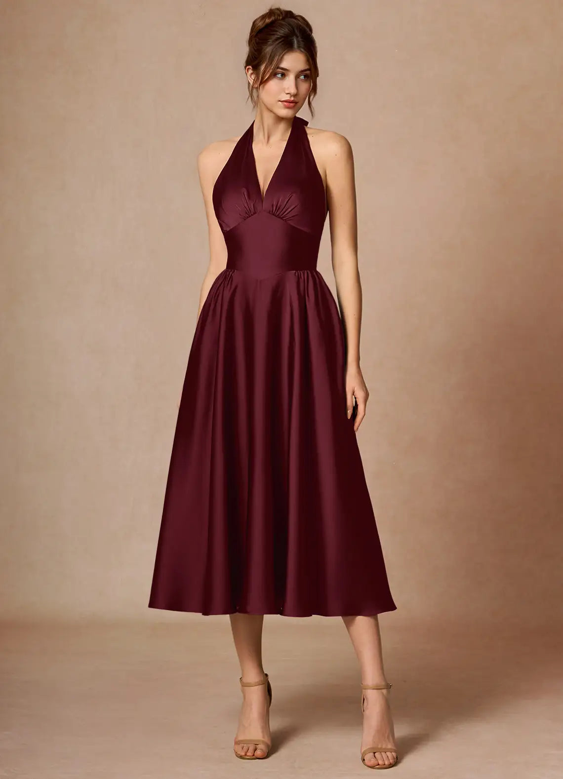 Burgundy Halter Deep V Open Back Tie Pocket Flared Midi Satin Wedding Guest Dress