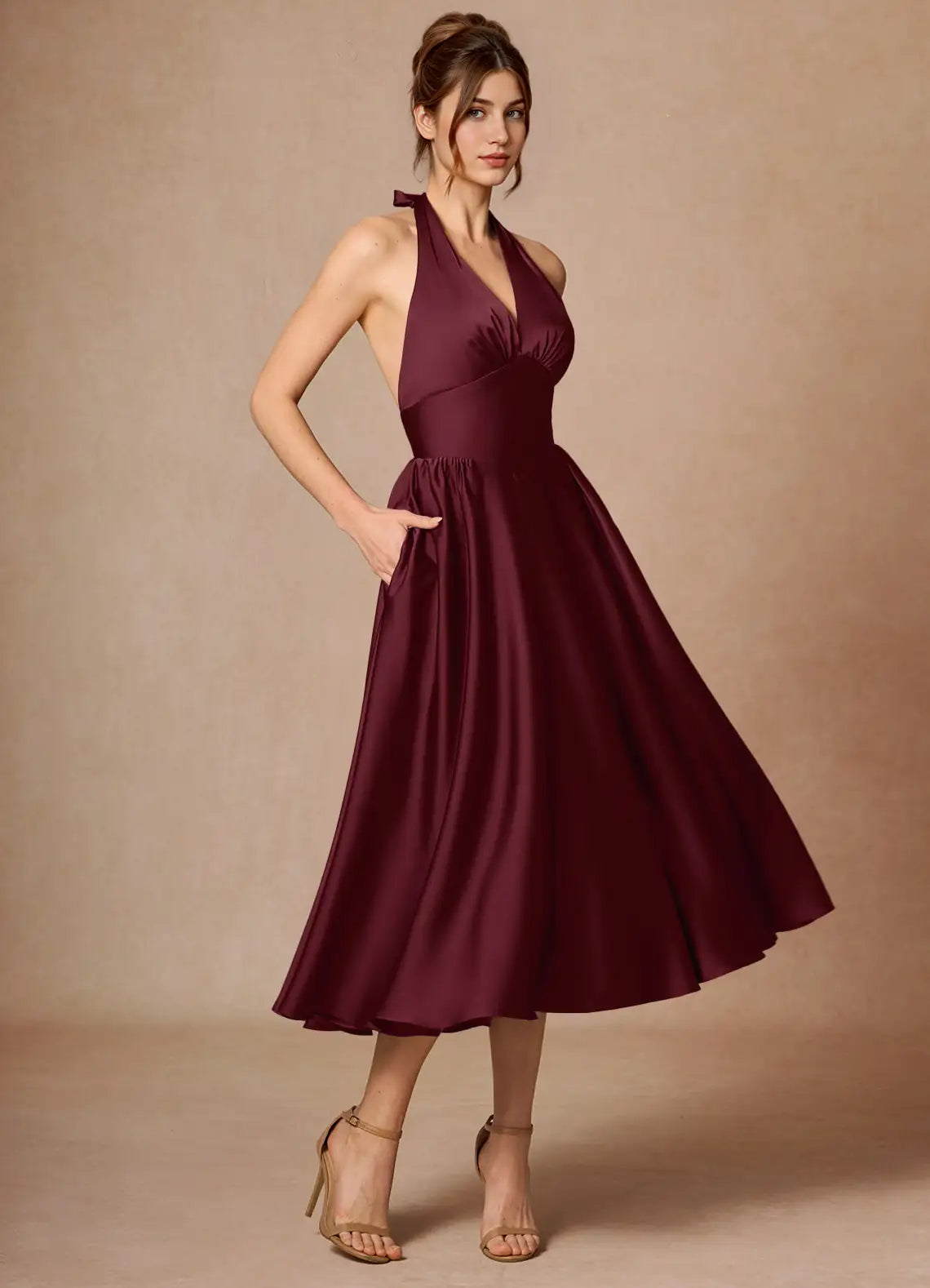 Burgundy Halter Deep V Open Back Tie Pocket Flared Midi Satin Wedding Guest Dress