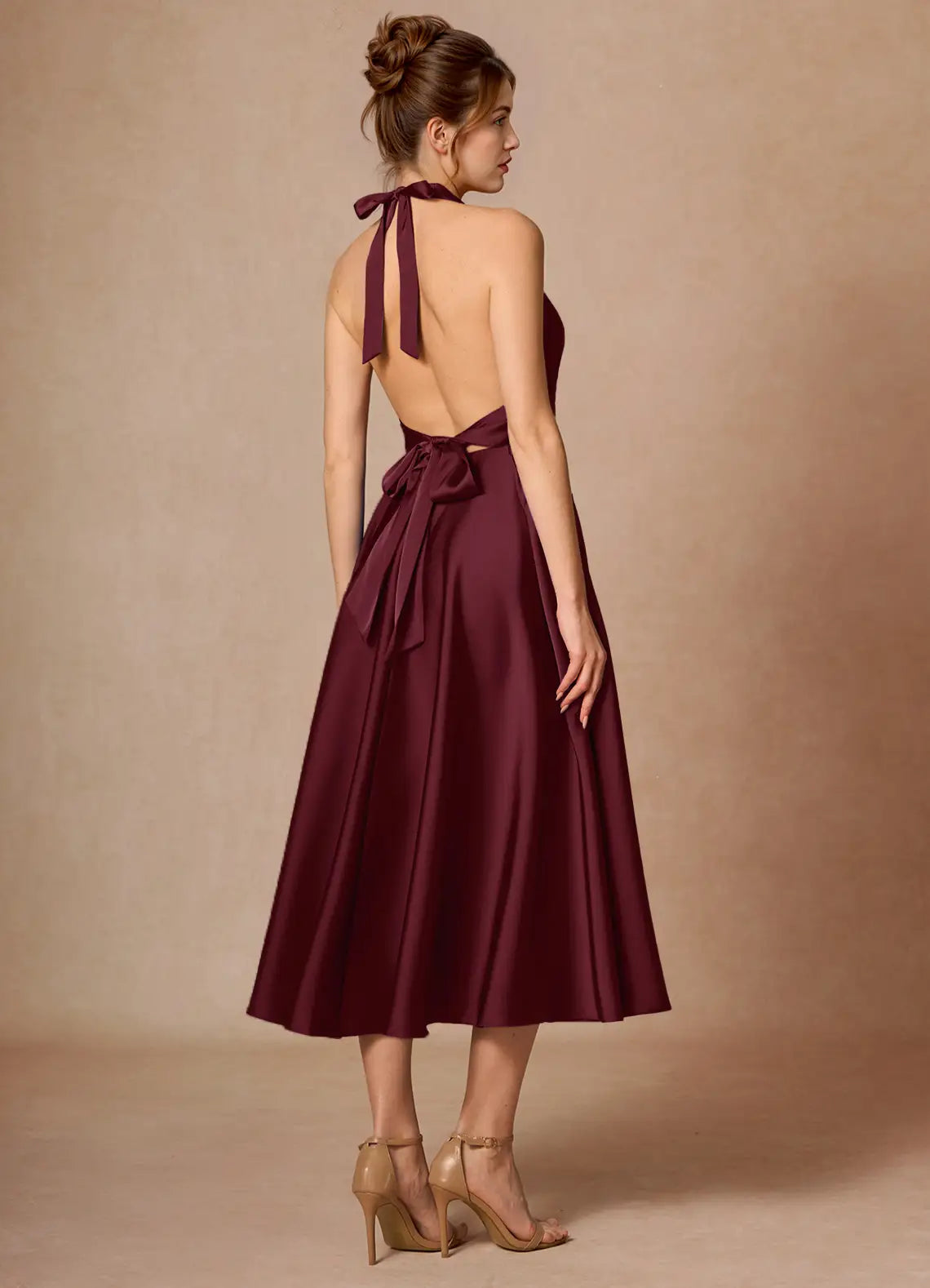 Burgundy Halter Deep V Open Back Tie Pocket Flared Midi Satin Wedding Guest Dress