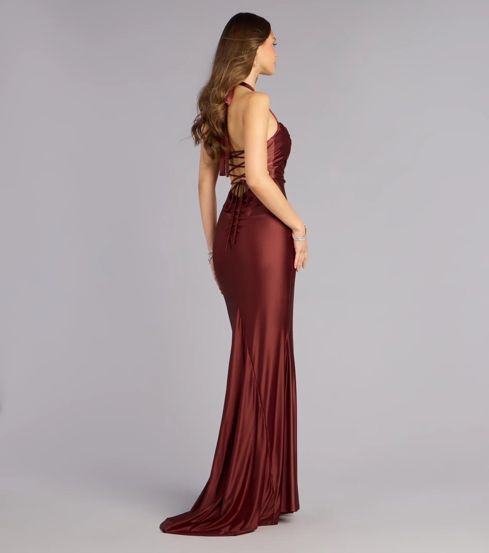 Burgundy Halter Square Neck Lace Up Back Mermaid Maxi Bridesmaid Dress