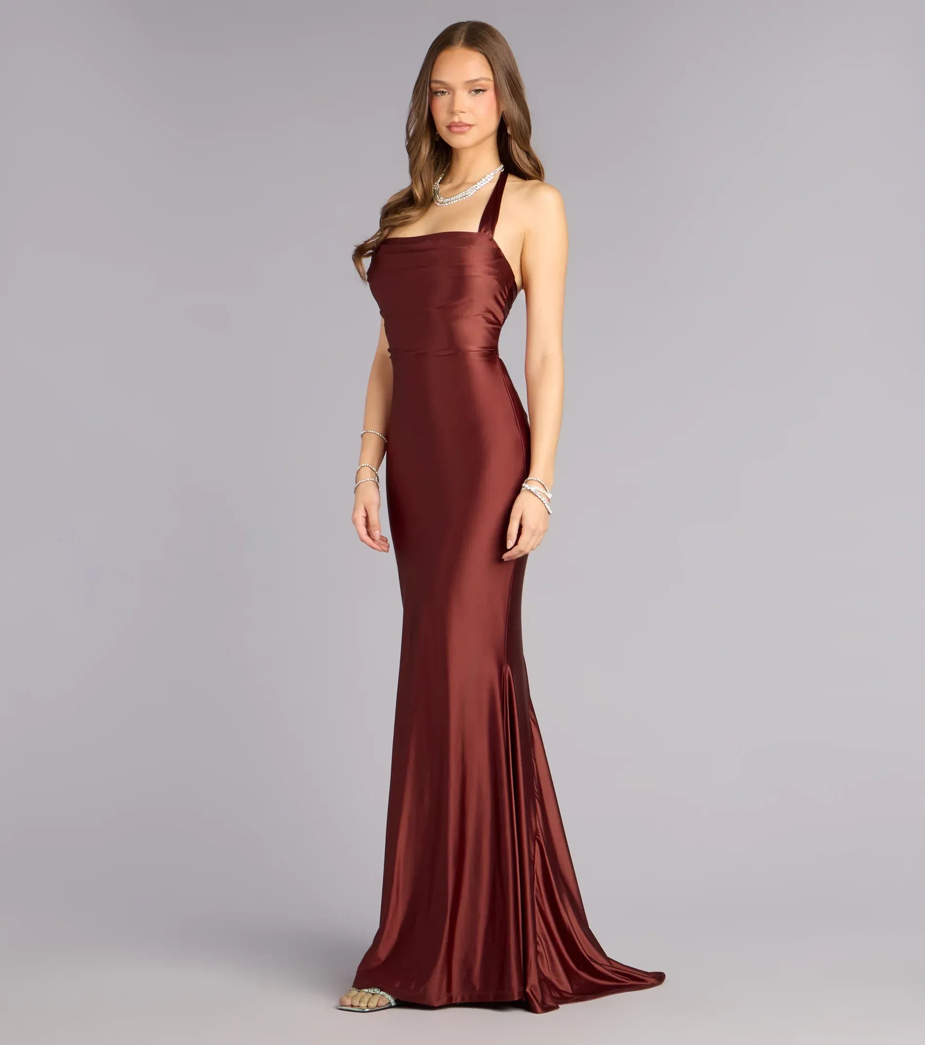 Burgundy Halter Square Neck Lace Up Back Mermaid Maxi Bridesmaid Dress