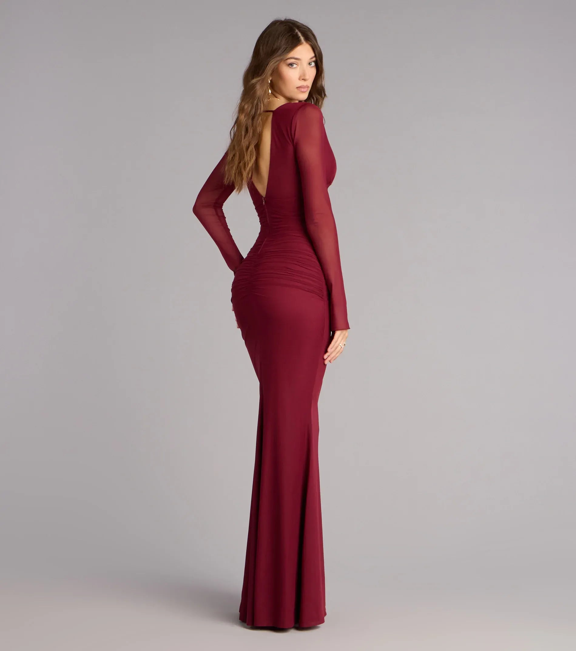 Burgundy Long Sleeve Deep V Ruched Mesh Mermaid Maxi Wedding Guest Dress