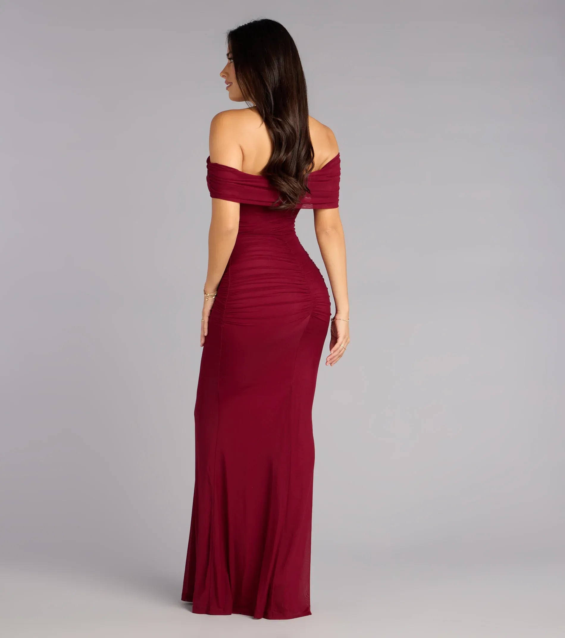 Burgundy Mesh Off Shoulder Side Ruched Mermaid Floor Length Wedding Guest Dresses