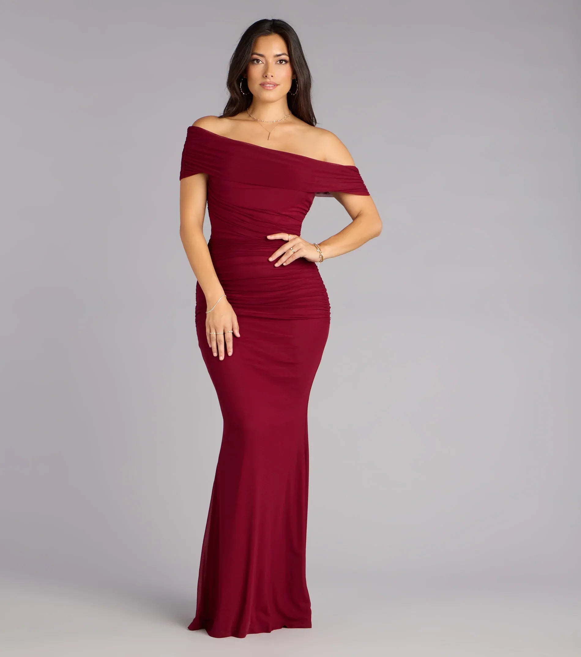 Burgundy Mesh Off Shoulder Side Ruched Mermaid Floor Length Wedding Guest Dresses