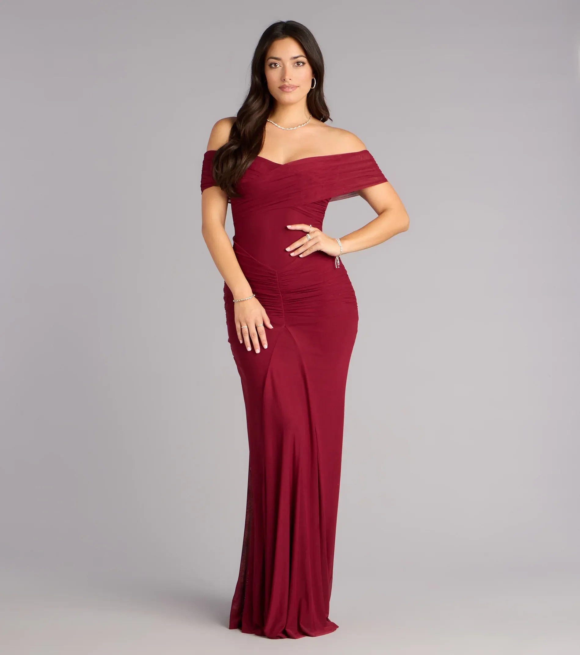 Burgundy Off Shoulder Ruched Mesh Mermaid Maxi Wedding Guest Dress