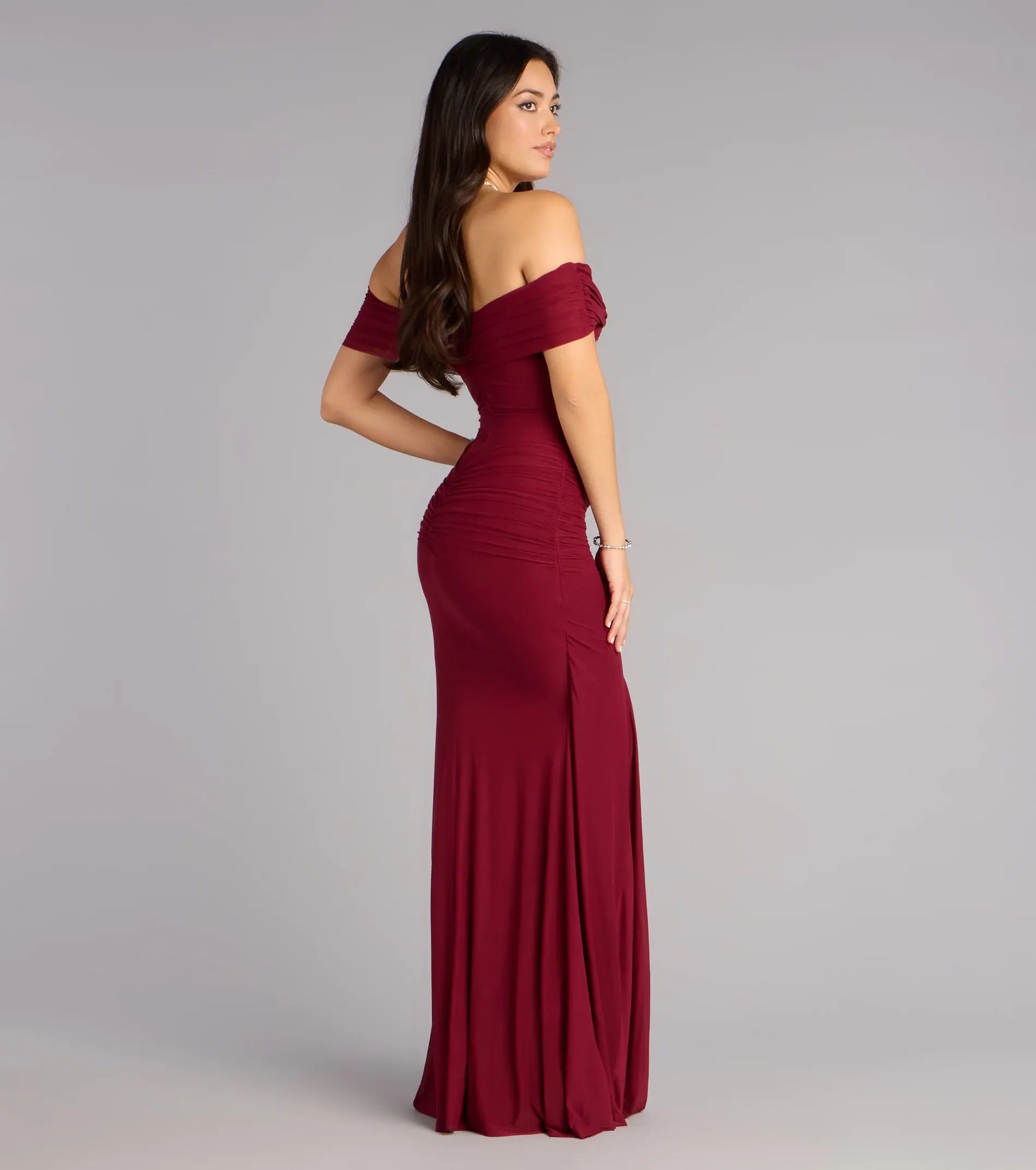 Burgundy Off Shoulder Ruched Mesh Mermaid Maxi Wedding Guest Dress
