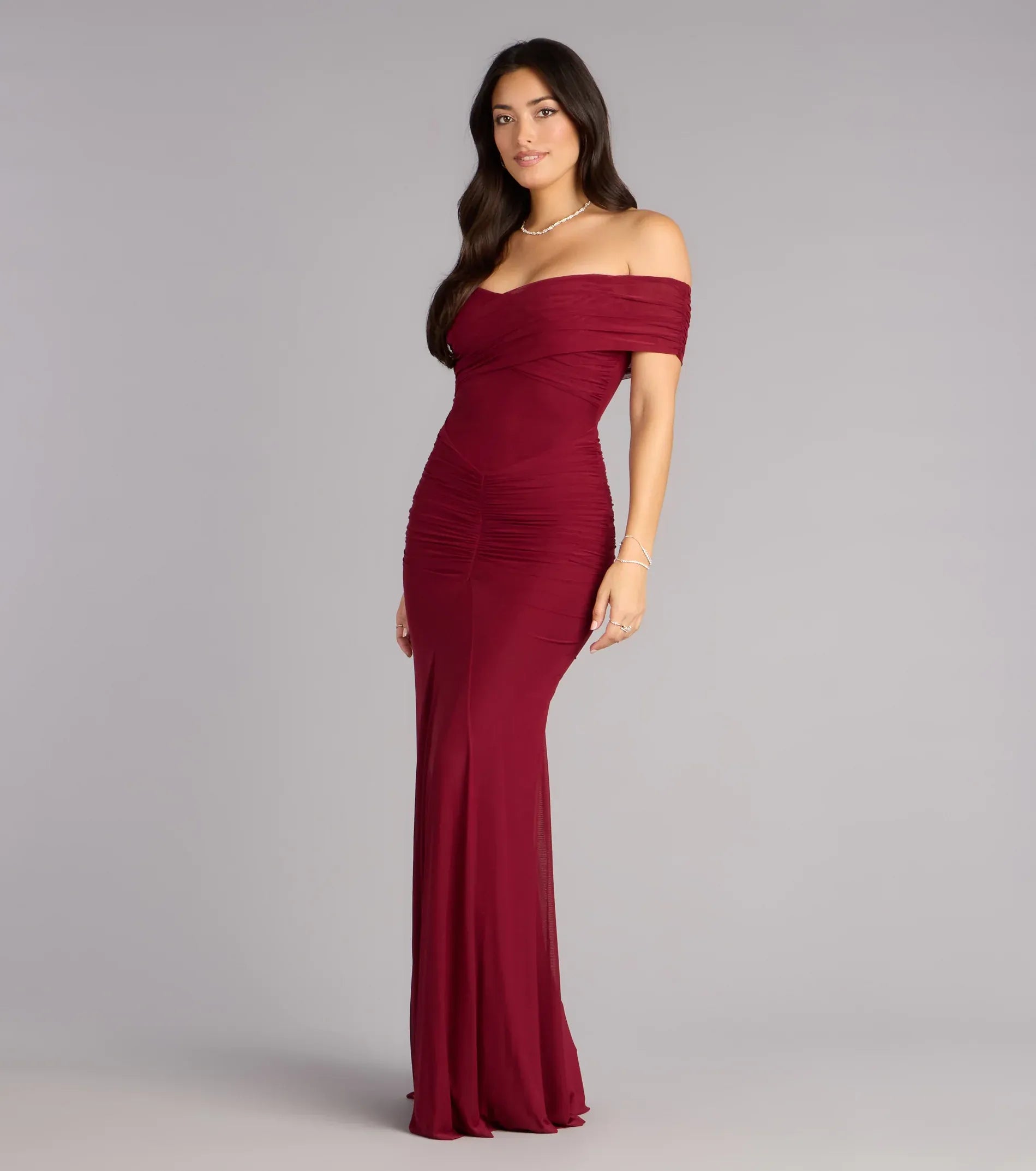 Burgundy Off Shoulder Ruched Mesh Mermaid Maxi Wedding Guest Dress