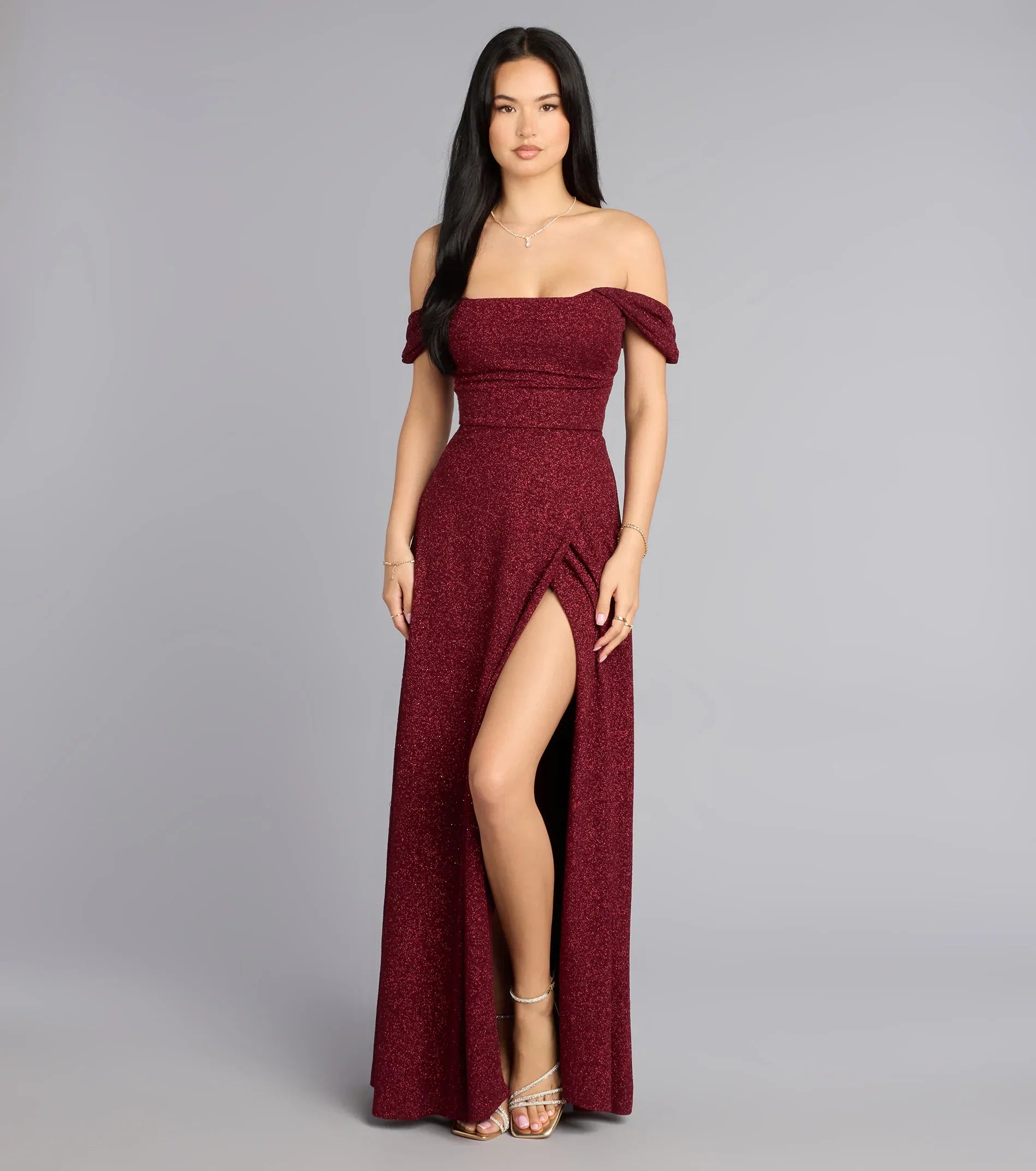 Burgundy Off Shoulder Short Sleeve Ruched High Slit Glitter A Line Maxi Wedding Guest Dress