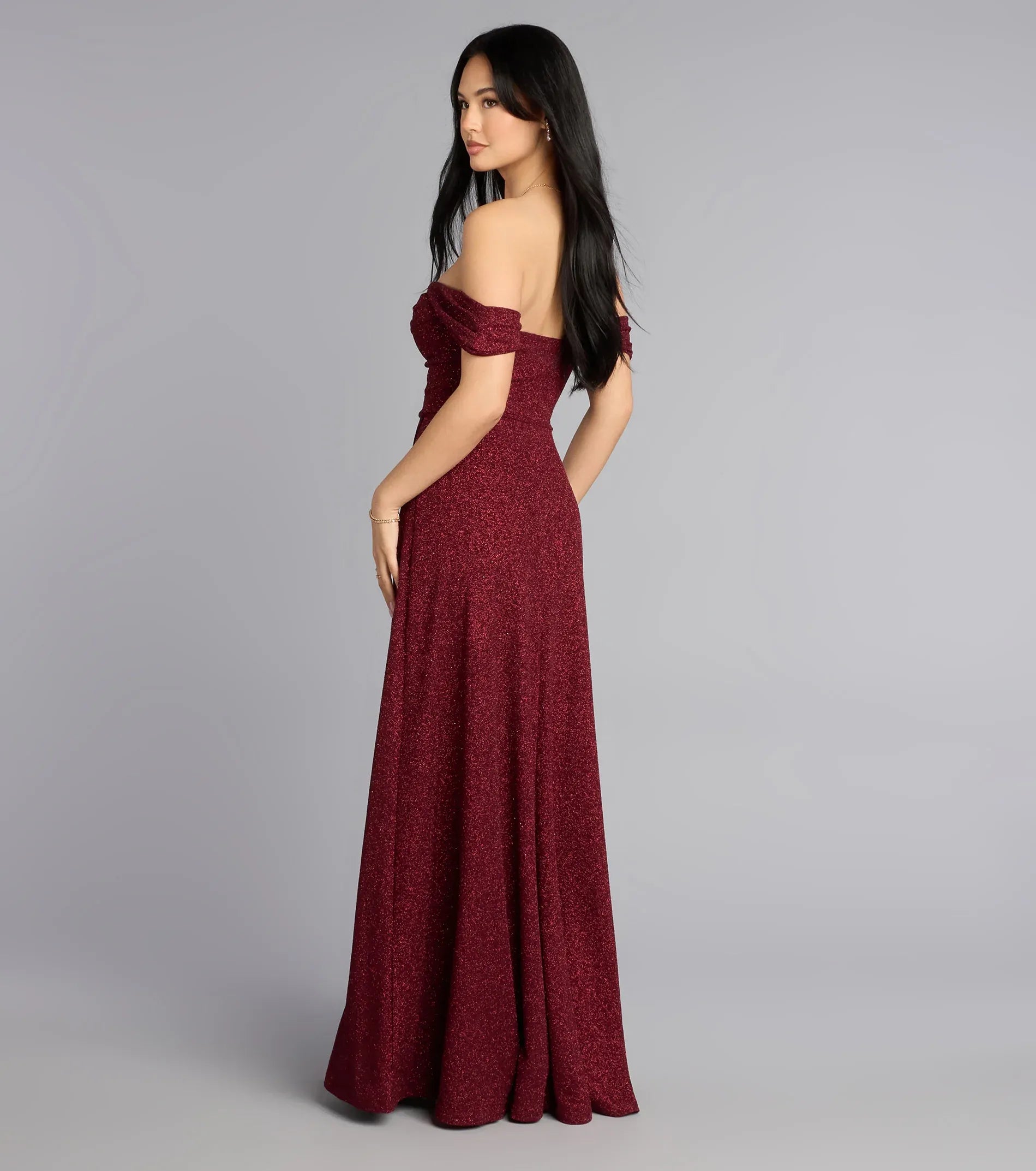 Burgundy Off Shoulder Short Sleeve Ruched High Slit Glitter A Line Maxi Wedding Guest Dress