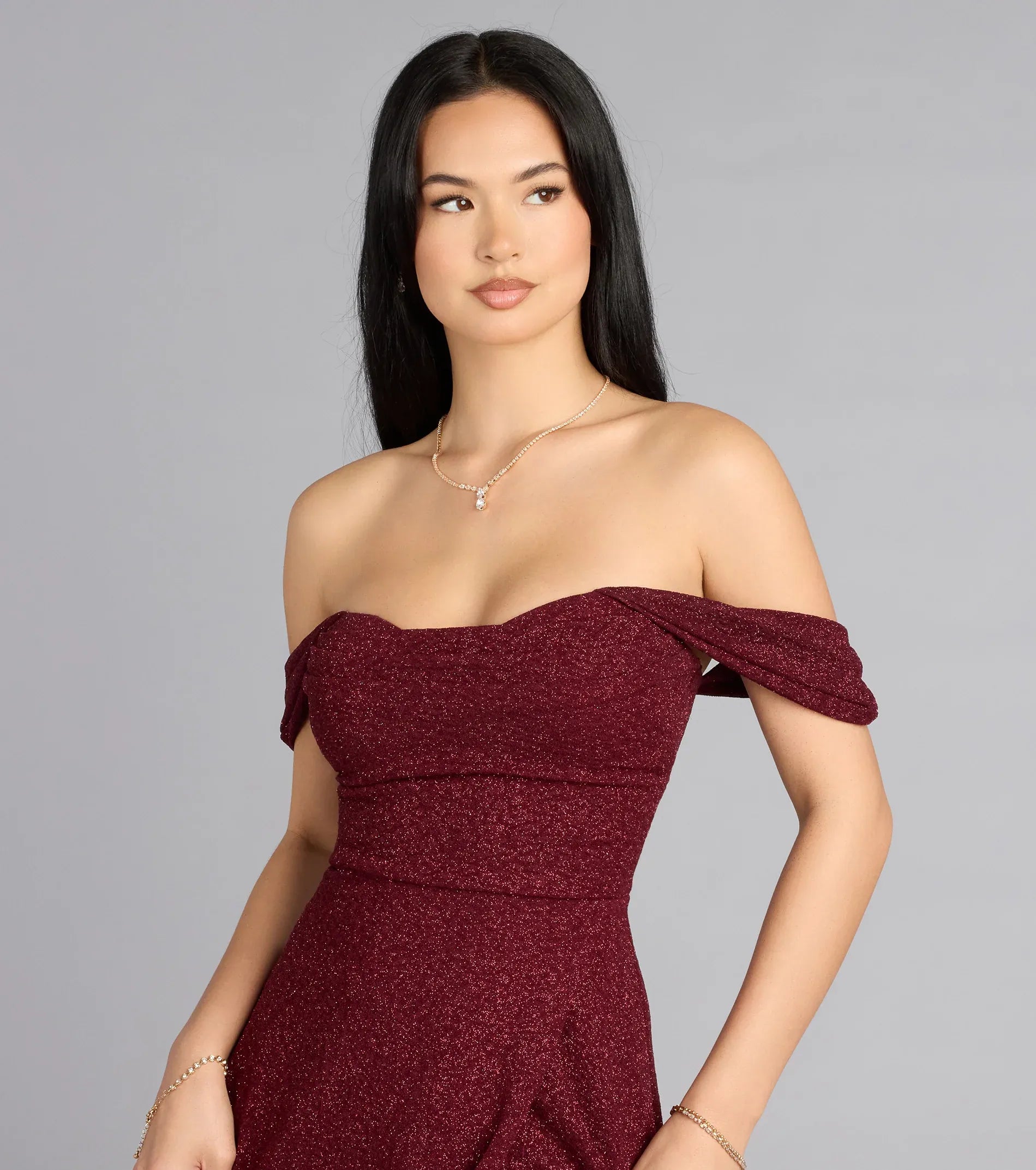 Burgundy Off Shoulder Short Sleeve Ruched High Slit Glitter A Line Maxi Wedding Guest Dress