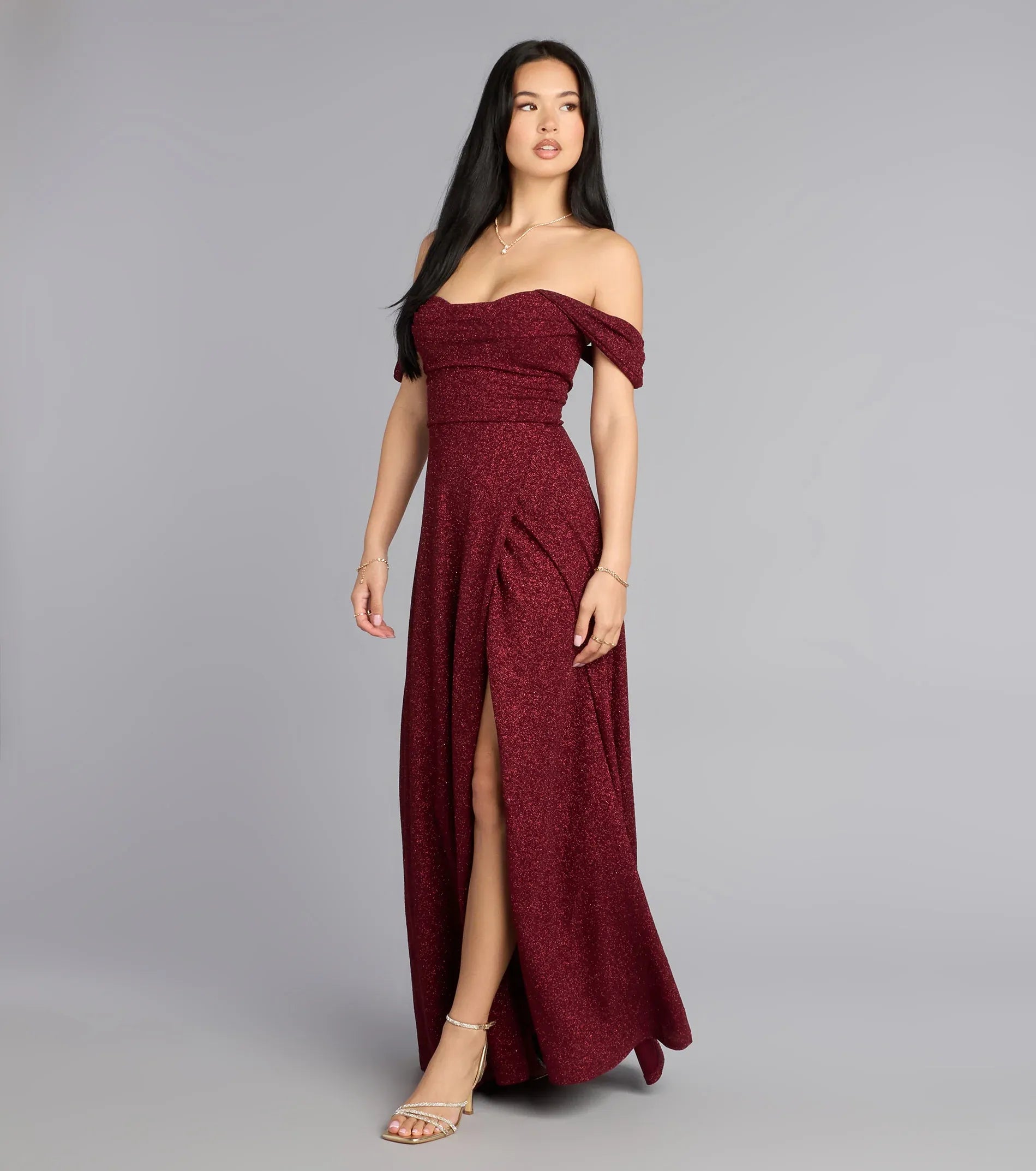 Burgundy Off Shoulder Short Sleeve Ruched High Slit Glitter A Line Maxi Wedding Guest Dress
