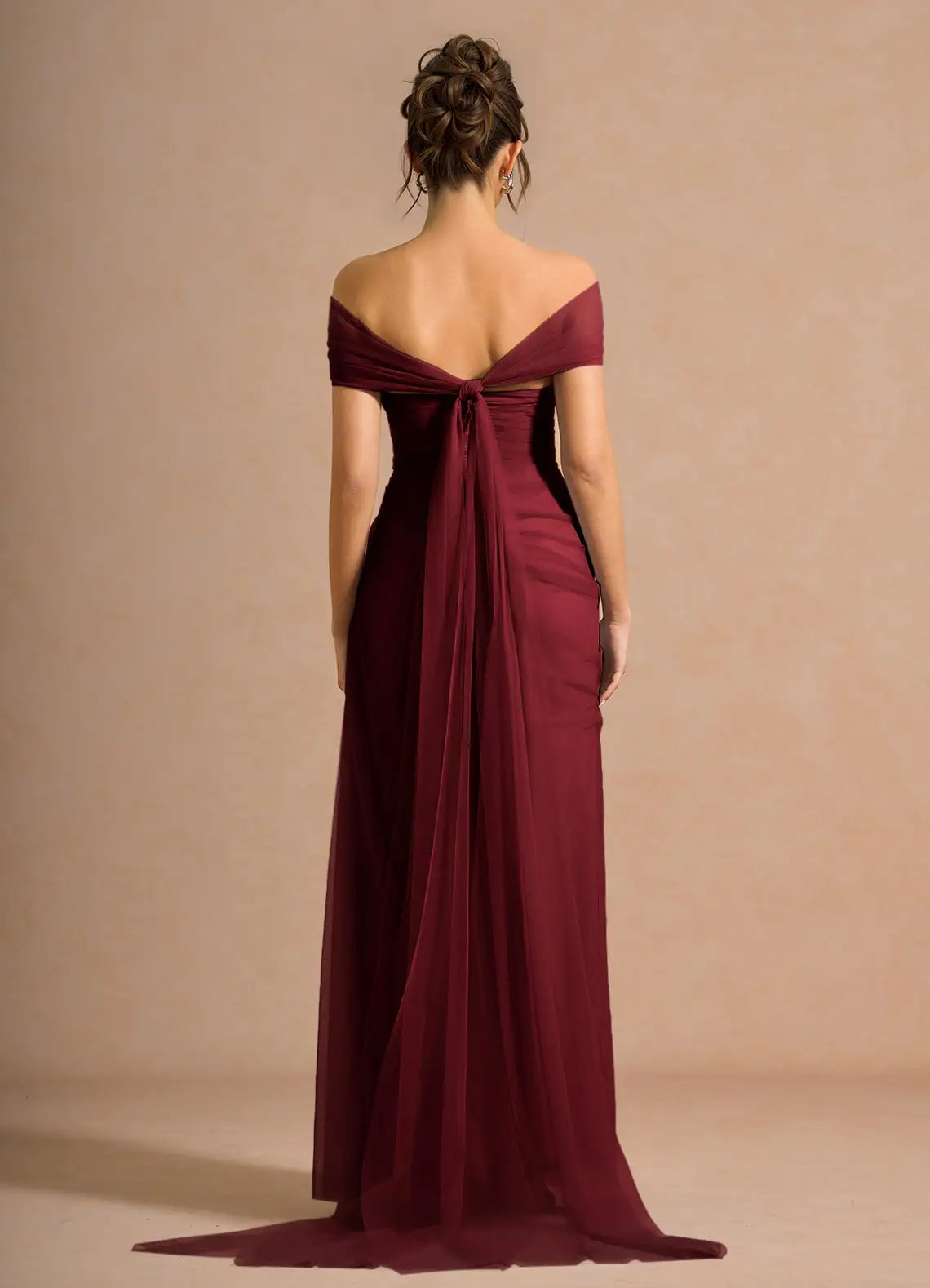 Burgundy Off Shoulder Twist Ruched High Slit Tulle Train Maxi Wedding Guest Dress