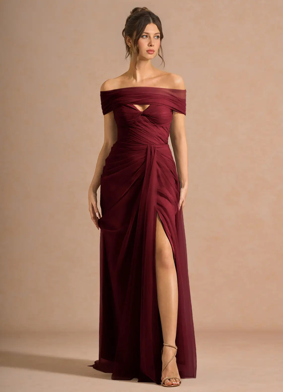 Burgundy Off Shoulder Twist Ruched High Slit Tulle Train Maxi Wedding Guest Dress