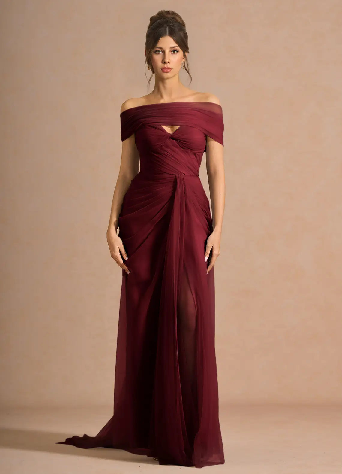 Burgundy Off Shoulder Twist Ruched High Slit Tulle Train Maxi Wedding Guest Dress
