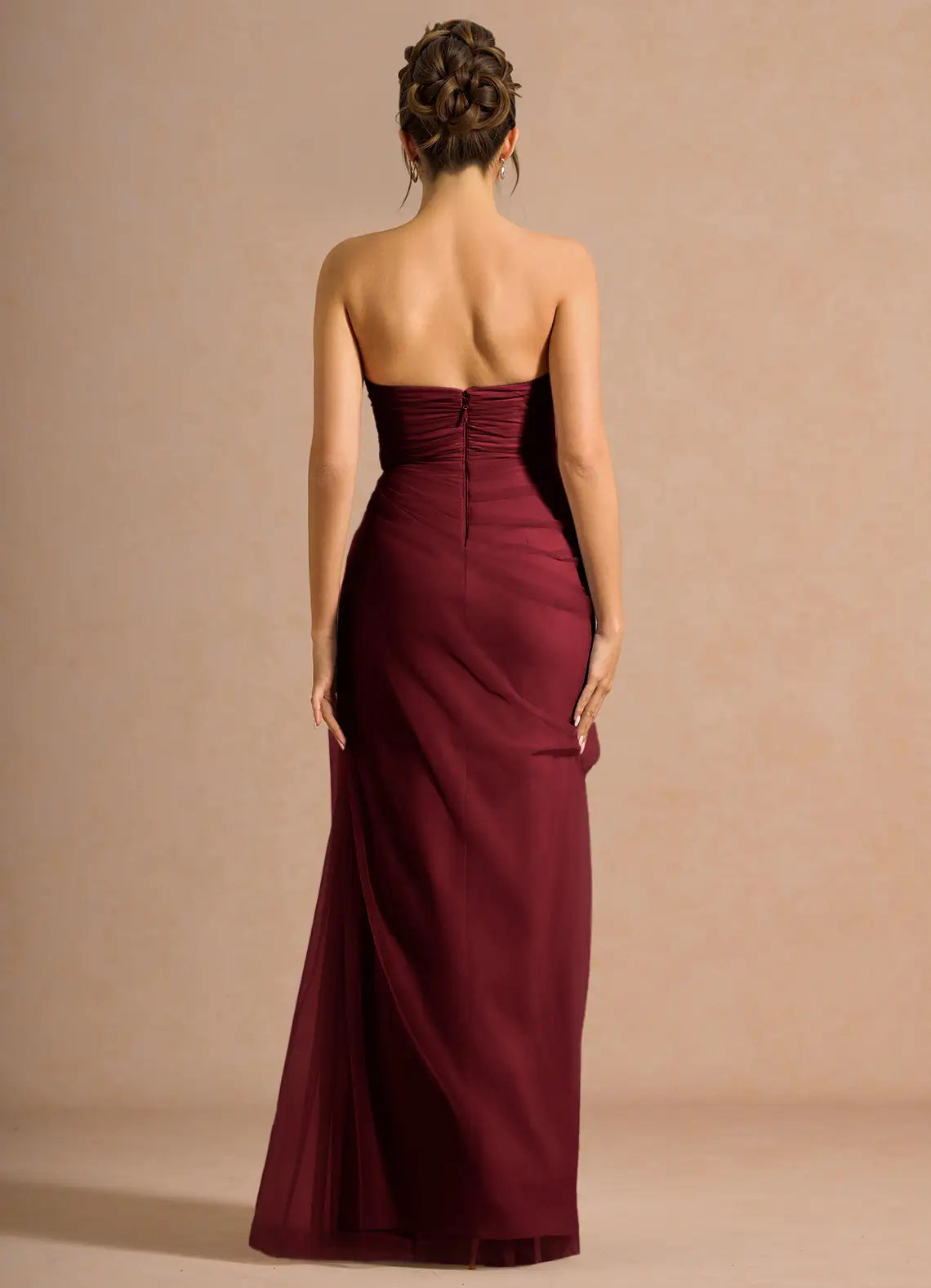 Burgundy Off Shoulder Twist Ruched High Slit Tulle Train Maxi Wedding Guest Dress