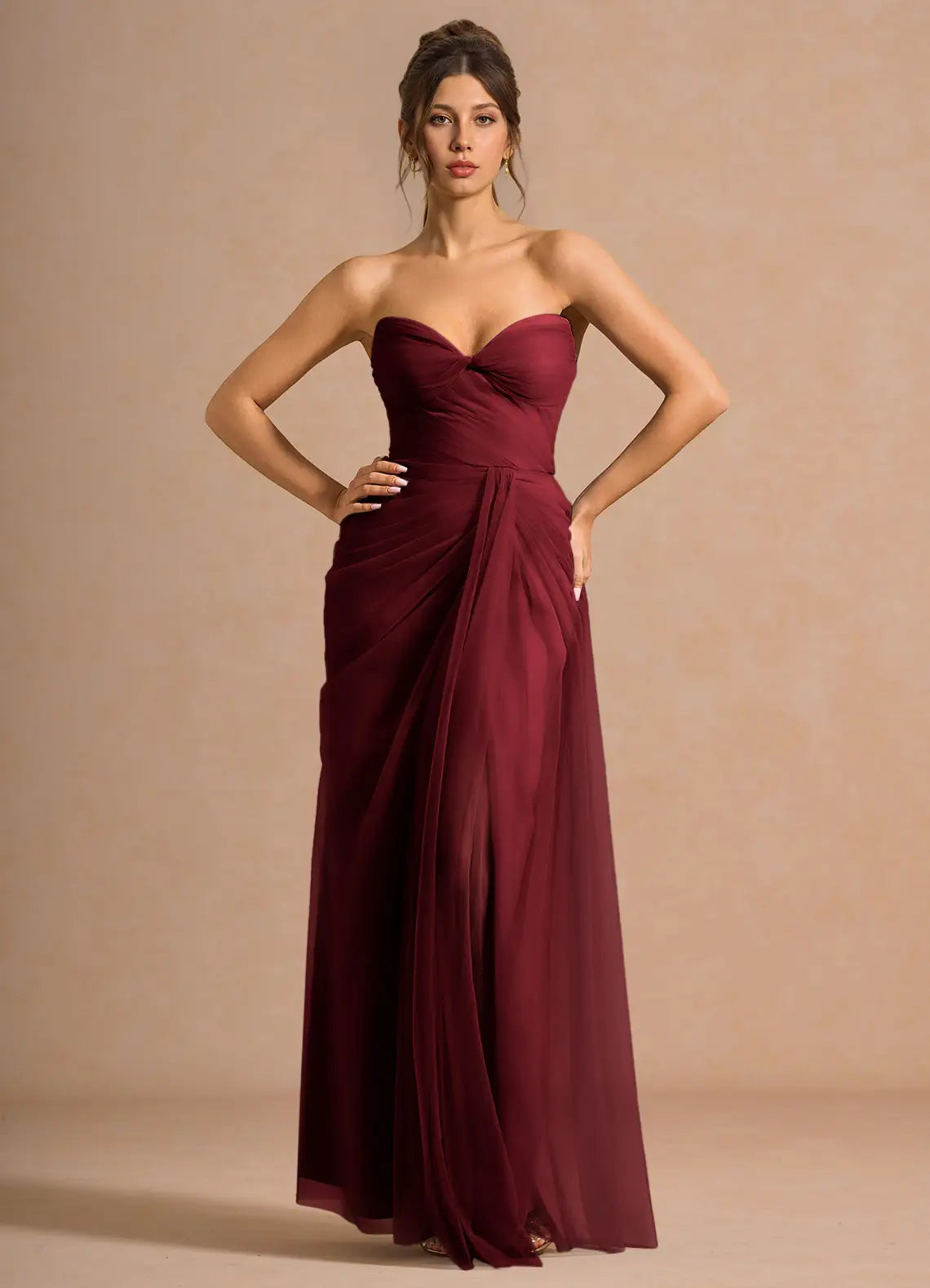 Burgundy Off Shoulder Twist Ruched High Slit Tulle Train Maxi Wedding Guest Dress