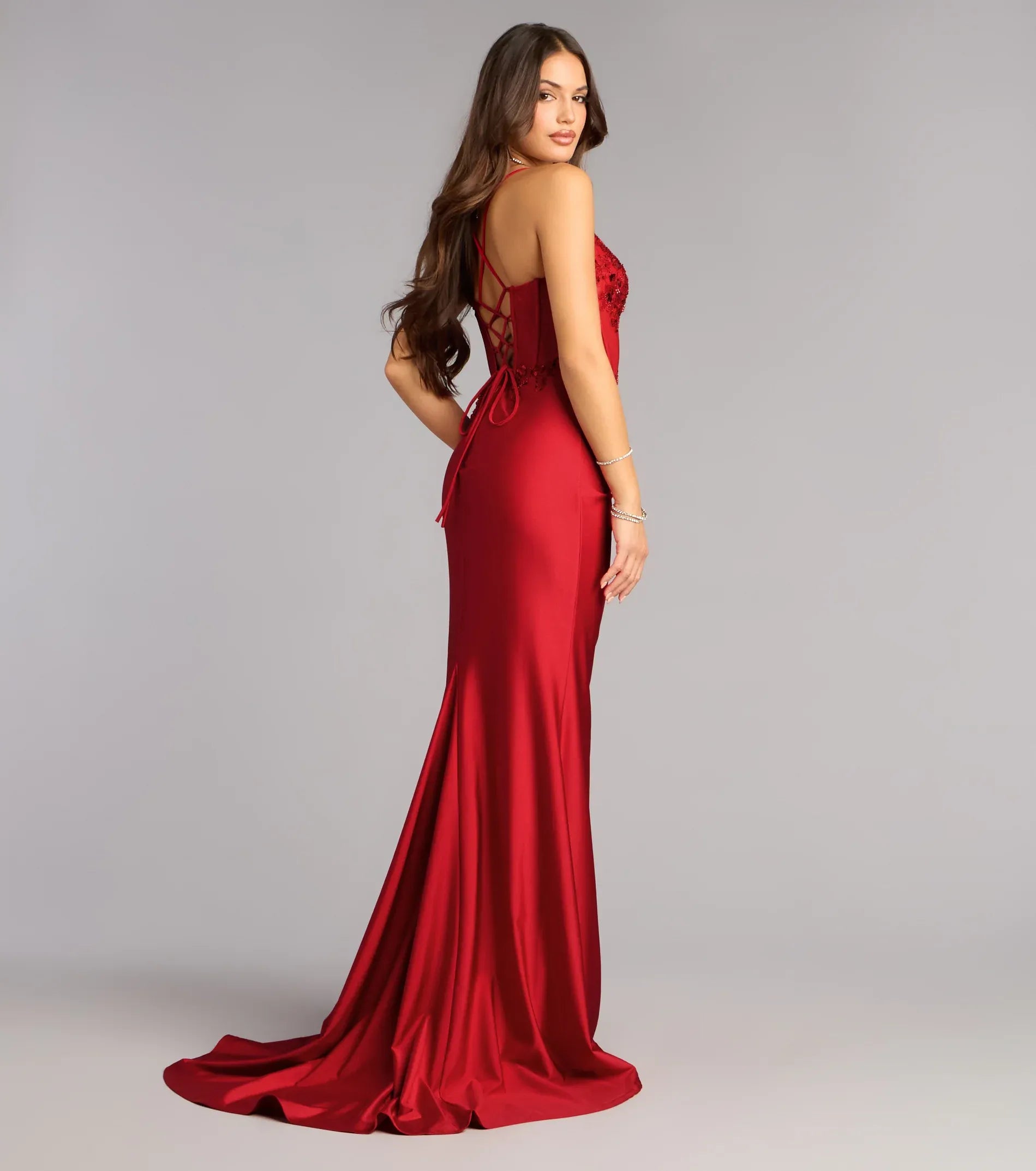 Burgundy Satin Mermaid Spaghetti Strap Lace Corset Lace Up Back Ruched High Slit Train Floor Length Wedding Guest Dresses