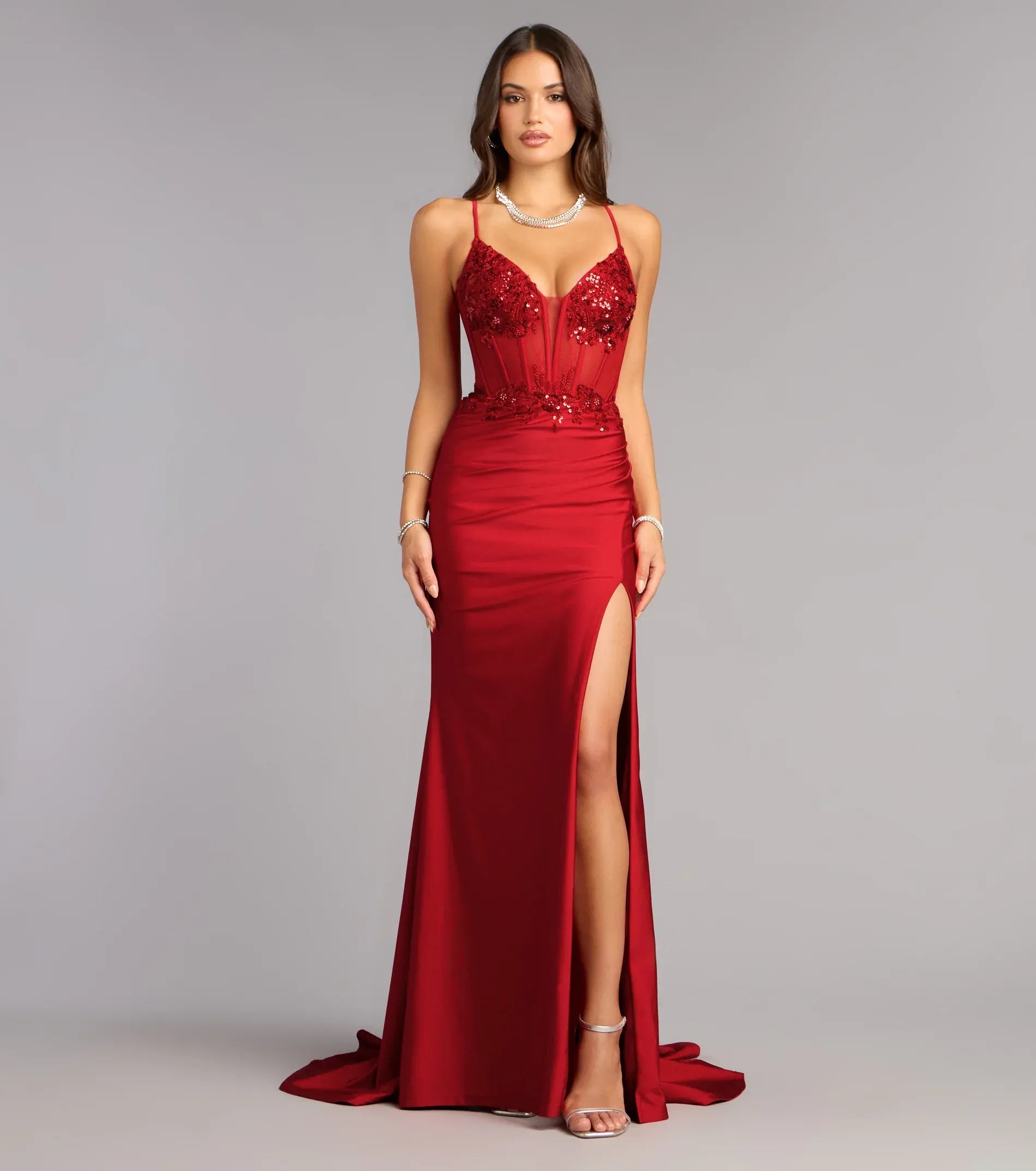 Burgundy Satin Mermaid Spaghetti Strap Lace Corset Lace Up Back Ruched High Slit Train Floor Length Wedding Guest Dresses
