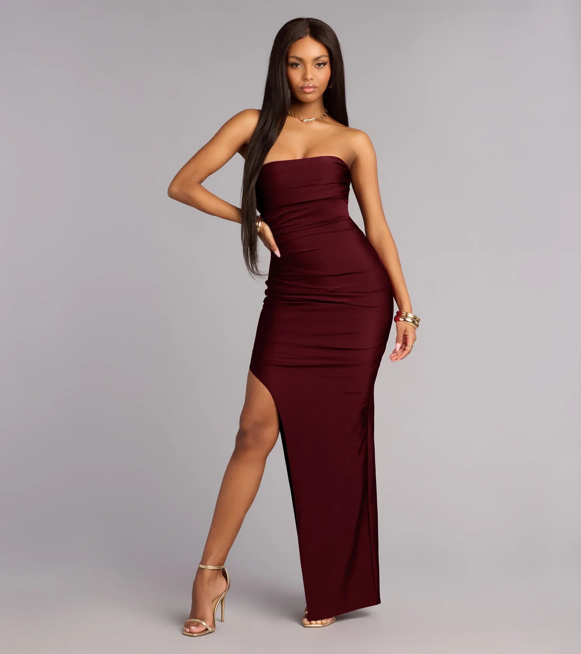 Burgundy Satin Strapless Tube Ruched High Slit Plain Back Floor Length Wedding Guest Dresses