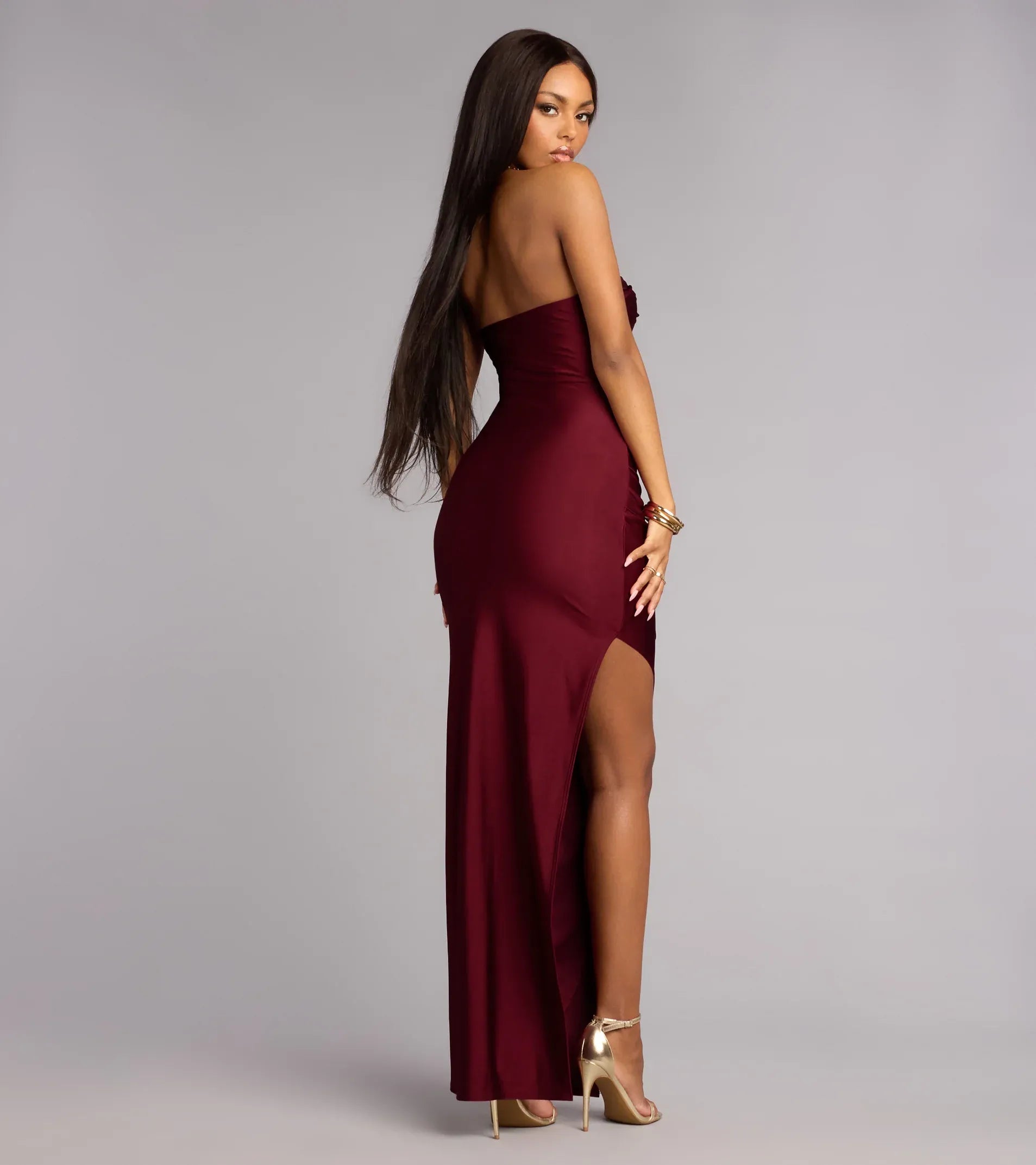 Burgundy Satin Strapless Tube Ruched High Slit Plain Back Floor Length Wedding Guest Dresses