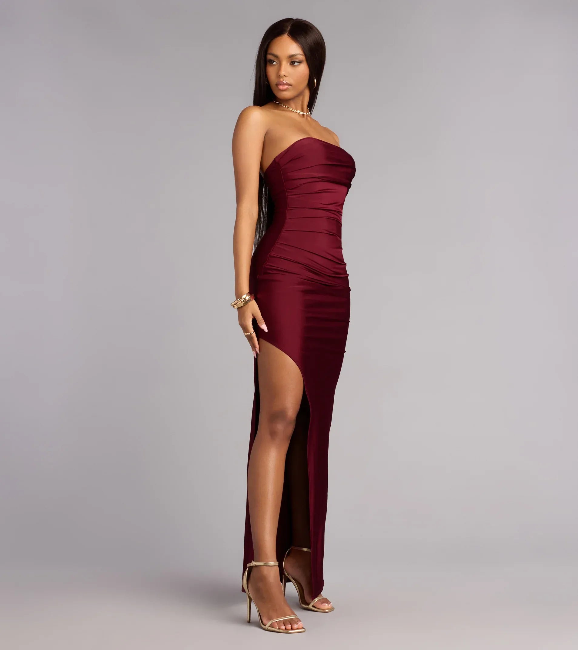 Burgundy Satin Strapless Tube Ruched High Slit Plain Back Floor Length Wedding Guest Dresses